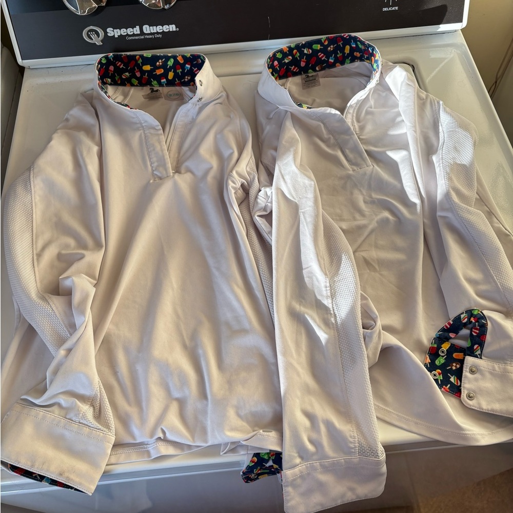 Riding Show Shirts White Long Sleeve Quarter Zip Tops with Patterned Trim
